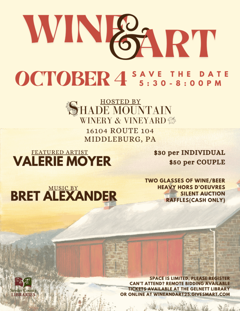 Wine and Art October 4 5:30 to 8:00 pm at Shade Mountain Winery in Middleburg, featuring the art of Valerie Moyer and Bret Alexander Click for more details
